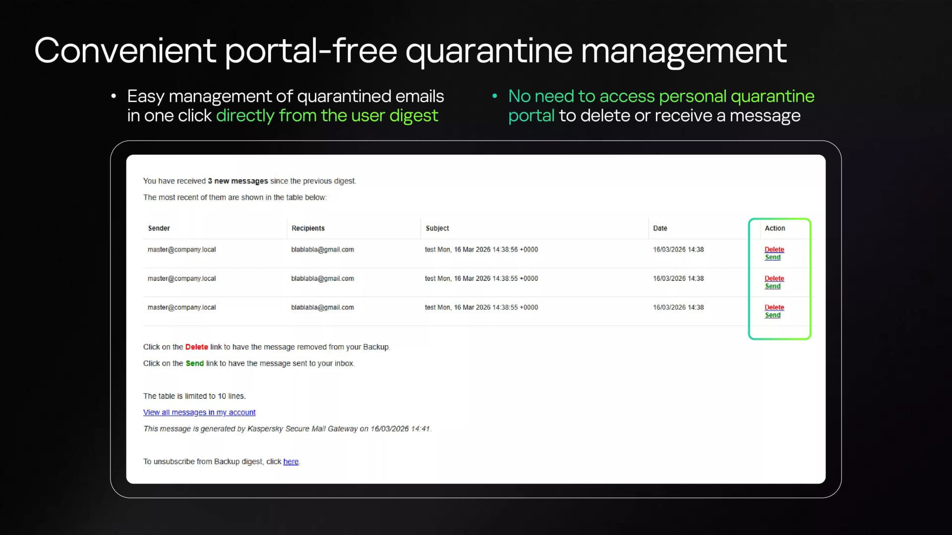 • Easy management of quarantined emails